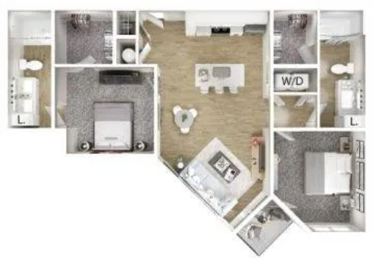 Floor plan for 2 beds, 2 baths, 1009 sqft